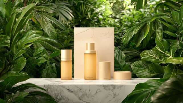Luxury skincare bottles on a marble countertop, framed by lush, tropical plants with bright, natural light filtering through, enhancing the sense of rejuvenation and indulgence