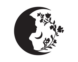 Artistic Crescent Moon with Flowers Silhouette Vector