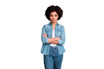 Portarit of nice pretty lovely youth people feel content cheerful satisfied expert education concept ready work dressed modern jeans clothes isolated grey background