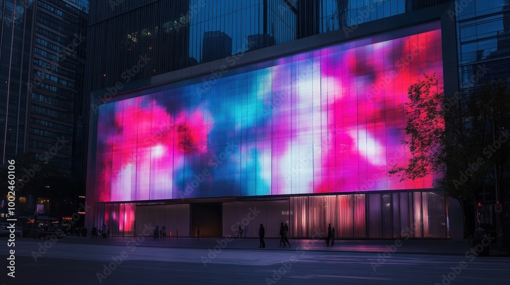 Poster a modern building facade with a dynamic light display and silhouettes of people