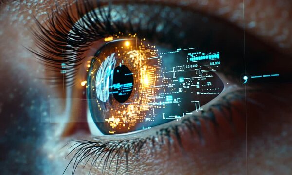 woman using eye cyber circuit, digital data technology