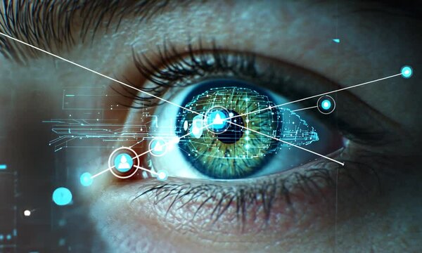 woman using eye cyber circuit, digital data technology