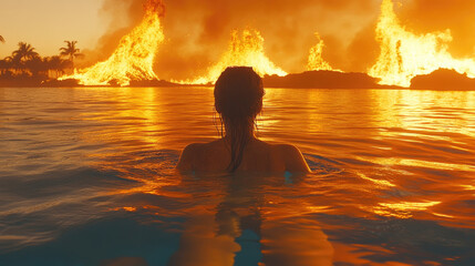 A person stands in tranquil waters, watching as a stunning orange and red horizon ignites from an active volcanic eruption nearby
