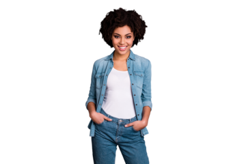 Portrait of pretty cute charming lady youth excited enjoy free time true expert leader leadership put hands palms pockets denim trousers isolated grey background