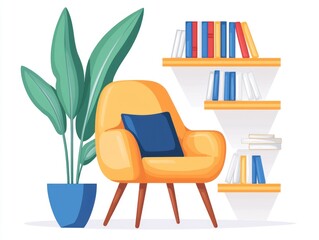 Cozy reading nook with yellow chair, bookshelves, and green plant in modern interior.