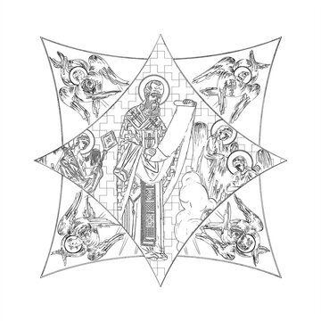saint holding scroll surrounded by angels clip art preview