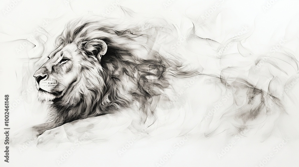 Wall mural   A grayscale image of a regal lion with hazy smoke emanating from its rear