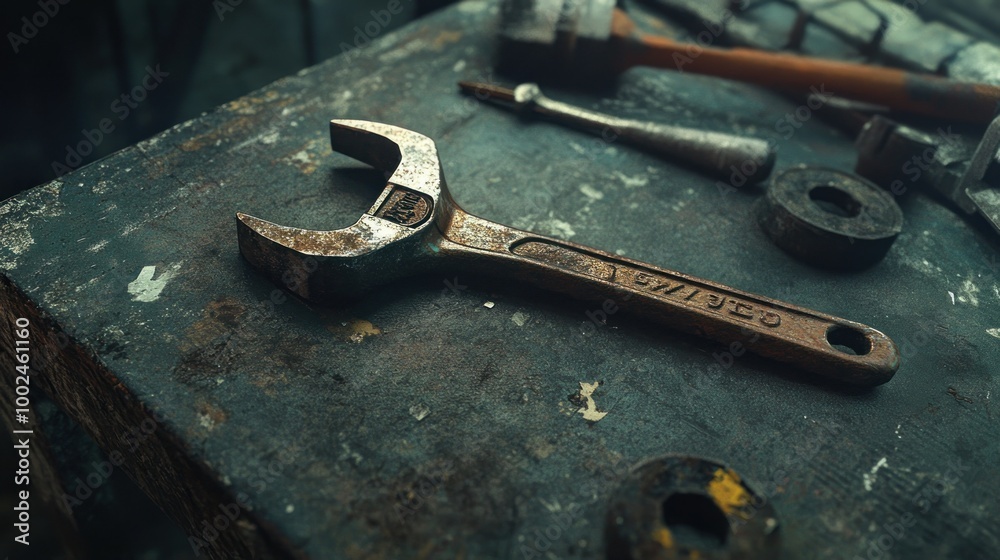 Poster Rusty Wrench on a Workshop Table