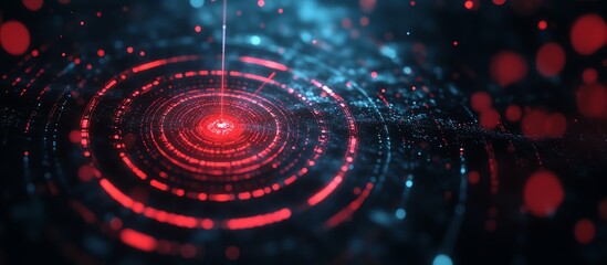 Obraz premium Futuristic digital abstract design featuring red circles and glowing patterns, perfect for technology-themed projects.