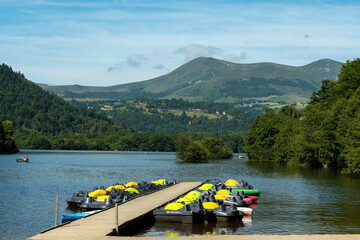 Lake Chambon. Sancy massif in background, Puy de Dome department. Auvergne Volcanoes National Park. Auvergne Rhone Alpes. France © JBN