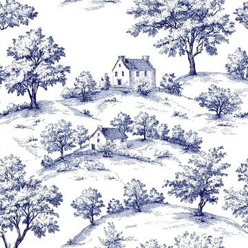 A minimalist Toile de Jouy seamless pattern with simple line art depicting French countryside landscapes