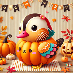 Cute Duck with Pumpkin Body in a Festive Autumn Setting