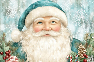 Festive Santa Claus in blue outfit with snowflakes, holly, and candy canes in a watercolor style.