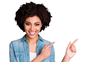 Close up photo cute charming positive cheerful youth people advertisement recommend feedback present suggest select news discount stylish trendy beautiful clothing jeans isolated gey background