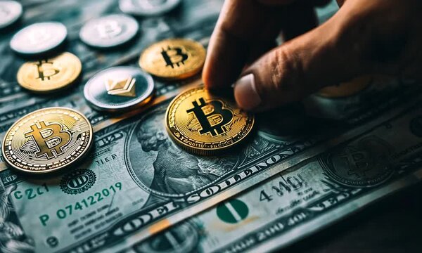 bitcoin coins on dollars banknotes. bitcoin cryptocurrency and virtual money. crypto currency.