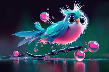 Fototapeta premium Cute Cartoon Bird with Bubbles