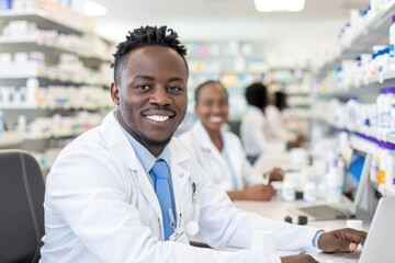 Fototapeta premium Smiling pharmacist in white coat working in pharmacy with colleagues nearby