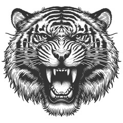 Fototapeta premium fierce roaring tiger growling, sharp teeth and powerful expression, exuding wild strength sketch engraving generative ai raster illustration. Scratch board imitation. Black and white image.