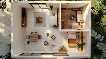  house Floor plan , 3d modern living room with kitchen and dining area, top view , top view for layout. 

