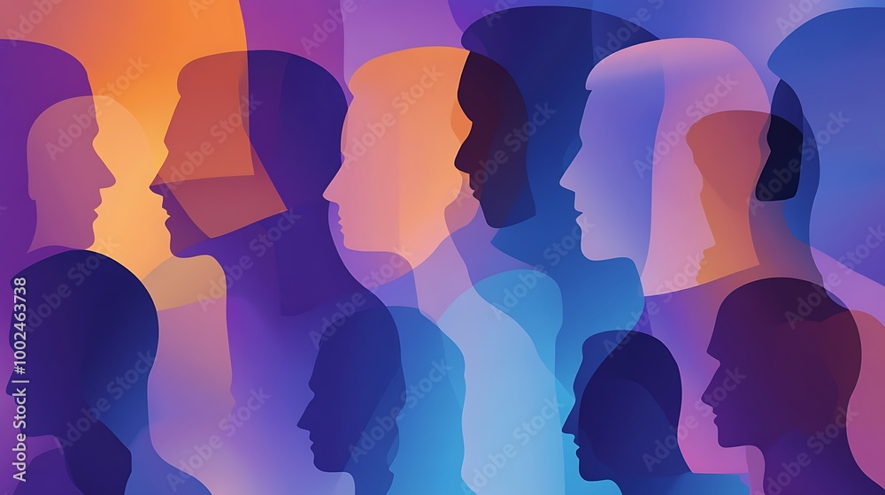 Poster abstract background with overlapping colorful silhouettes of human heads in profile.