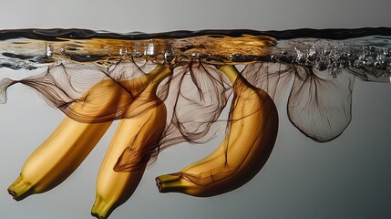   Two bunches of bananas hang from a string, with water streaming down their sides The top of each bunch dangles upside down