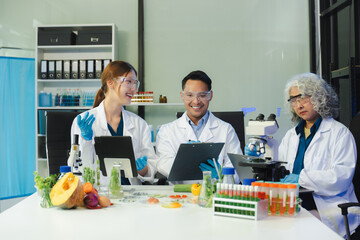 Team Microbiologists Analyzing Molecular Samples in Advanced Food Science Laboratory, Dietitian...