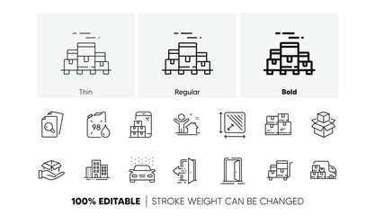 Delivery truck, Packing boxes and Buildings line icons. Pack of Open door, Mobile inventory, Hold box icon. Boxes pallet, Entrance, Car wash pictogram. Wholesale inventory, Square area. Vector