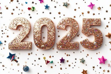 Glittery numbers '2025' surrounded by colorful stars and confetti for celebration.
