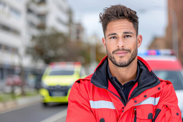 Confident male paramedic in red uniform with emergency vehicles on urban street