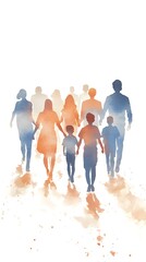 A watercolor, realistic, and detailed illustration of a group of people holding hands in different colors and skin tones