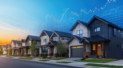 Row of Modern Houses with Overlapping Stock Market Graph
