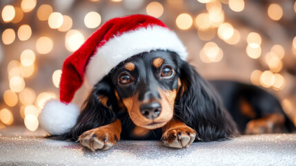 Adorable Dachshund puppy wearing a festive Santa hat rests among holiday lights indoors