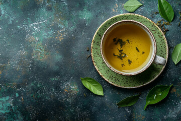 A steaming cup of herbal tea with fresh leaves on a textured background in soft light