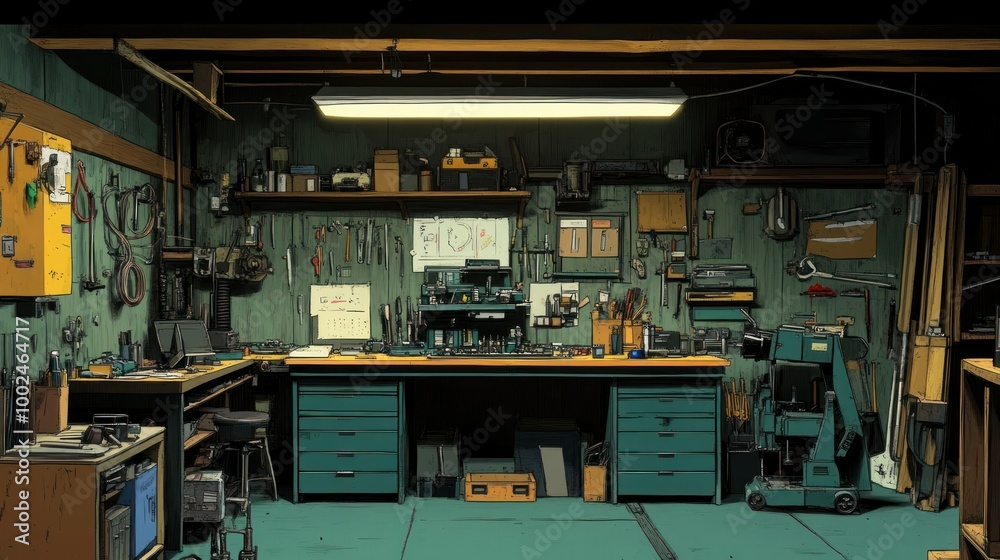 Poster A well-organized and cluttered workshop with a workbench and tools