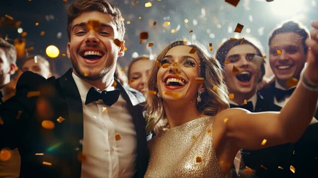 People are celebrating New Year joyfully at a formal gathering, surrounded by confetti and smiles, creating a lively atmosphere