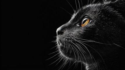   A close-up photo of a black cat displaying yellow eyes and prominent whiskers on its face