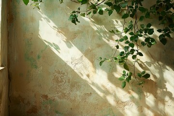 Green Leaves Cast Shadows on a Textured Wall