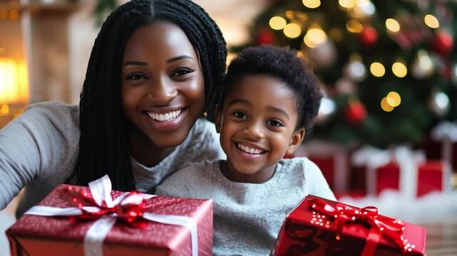A black mother and her young son share a joyful moment, surrounded by festive gifts and a sparkling Christmas tree