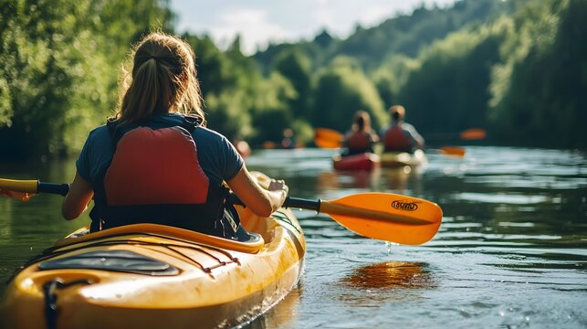 A group of friends enjoying a day of kayaking on a calm river