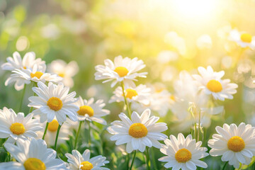 Obraz premium Bright daisy flowers blooming in a sunlit meadow during the warm spring season
