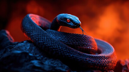 Naklejka premium A macroscopic shot of a serpent perched atop a boulder, illuminated by a crimson radiance emanating from above its head