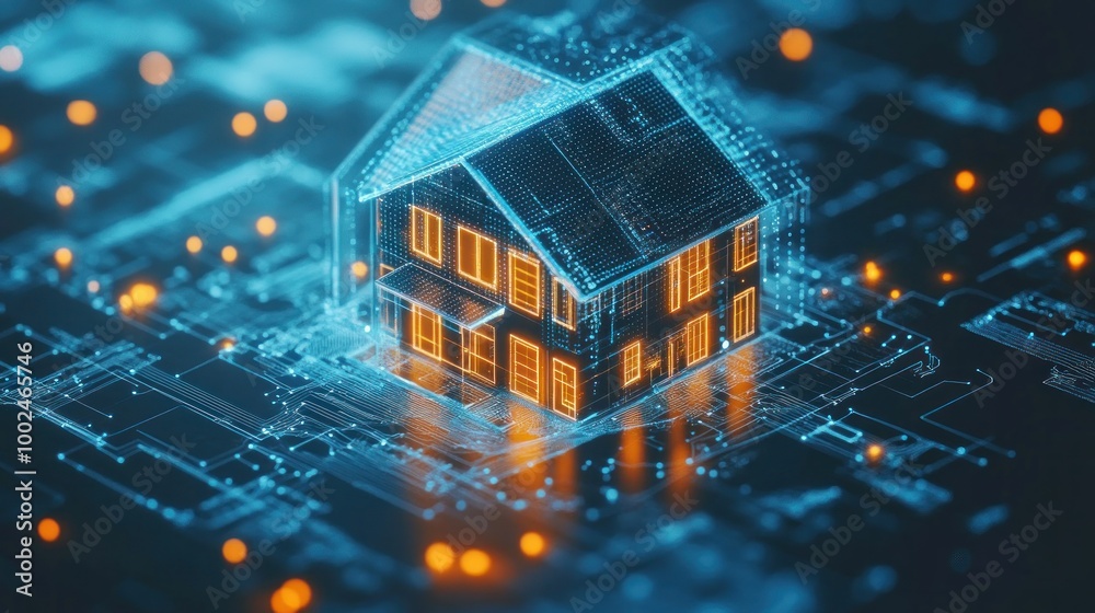 Poster digital representation of a modern house on a circuit board