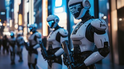 Fototapeta premium AI robots patrolling the streets of a smart city, ensuring safety, and responding to emergencies with real-time data analysis