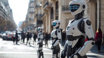 AI robots providing assistance in a capital city public spaces, from directing traffic to helping in emergency situations