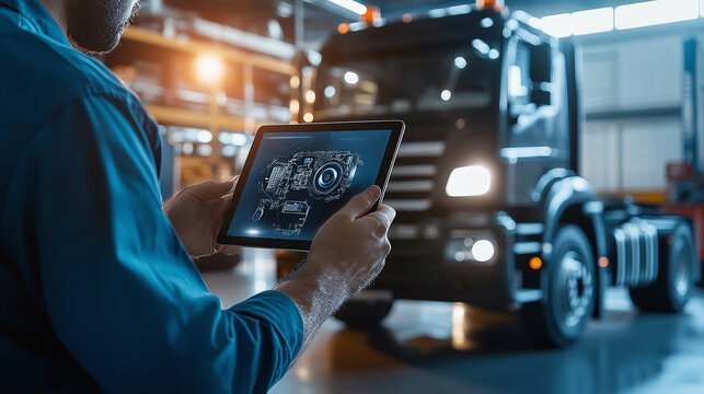 A mechanic with a tablet computer diagnoses the diesel engine of an industrial truck in a garage. Car repair concept in auto repair industry