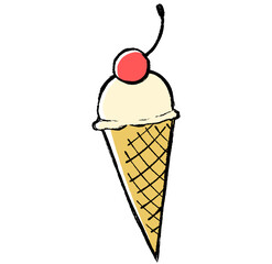 筆タッチのサクランボがのったアイスクリームのイラスト