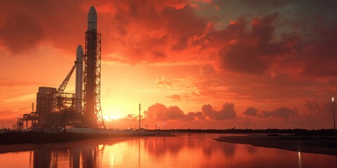 space rocket on the launch pad, panoramic shot of the sky and setting sun in the background