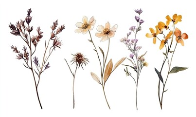 Fototapeta premium Watercolor illustration of autumn dry wildflowers and meadow flowers in soft natural tones