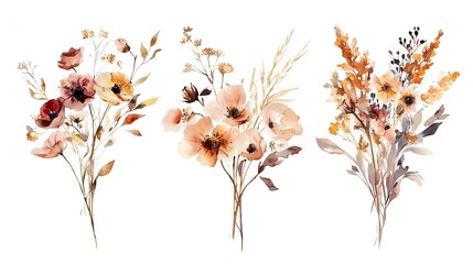 Fototapeta premium Watercolor illustration of autumn dry wildflowers and meadow flowers in soft natural tones