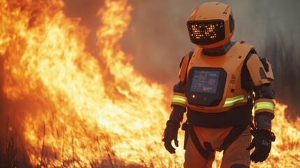 AI-powered robots fighting fires in urban and rural areas, working alongside firefighters to control and extinguish dangerous blazes
